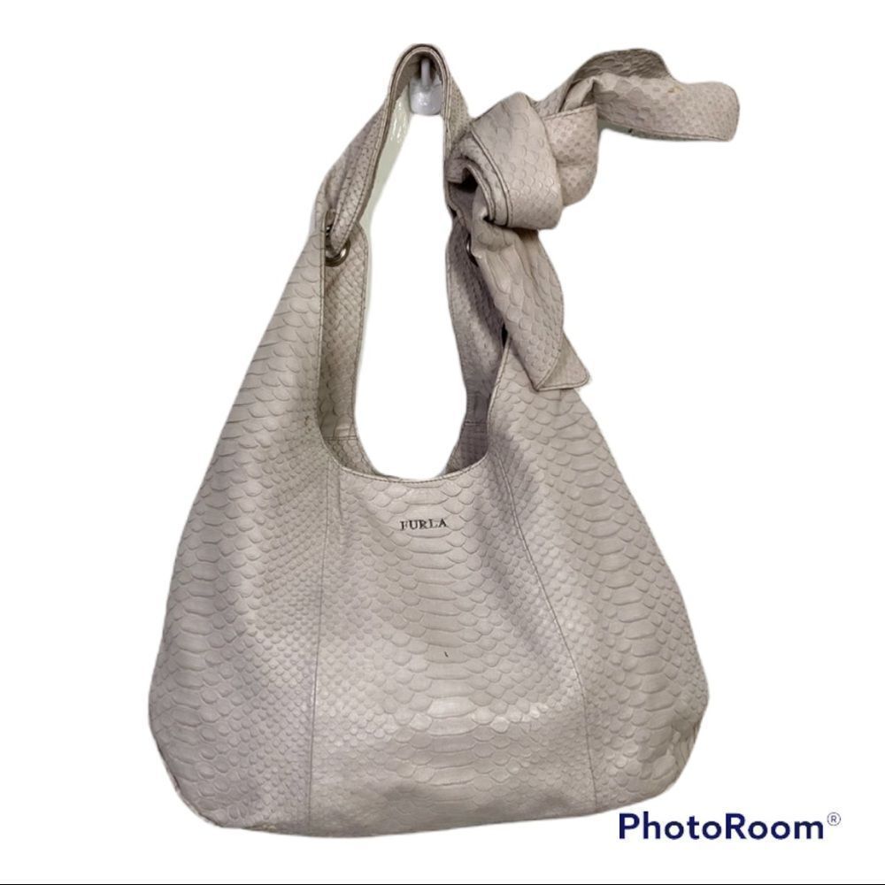 Furla logo light gray croc embossed genuine leather ribbon hobo shoulder bag
